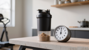 Protein-Shaker neben einer Uhr im Fitnessstudio, symbolisiert die Frage nach dem richtigen Zeitpunkt für die Proteinzufuhr nach dem Training