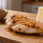 Gegrillte Pouletbrust, eine Schale Sojabohnen und ein Stück Parmesan als leucinreiche Proteinquellen