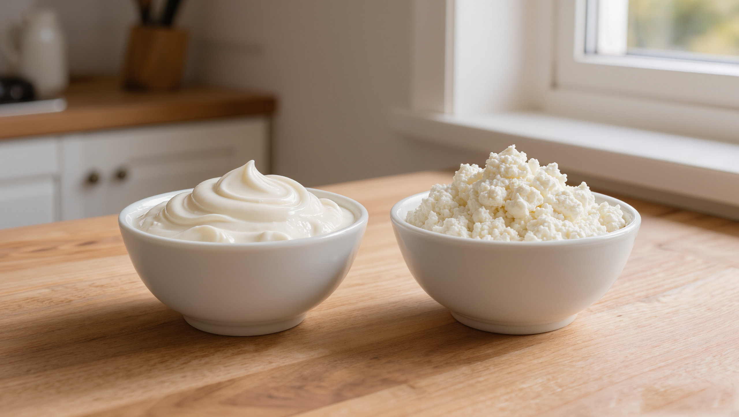 Skyr und Magerquark in zwei Schalen nebeneinander, zeigt den optischen und ernährungsphysiologischen Vergleich der beiden Milchprodukte